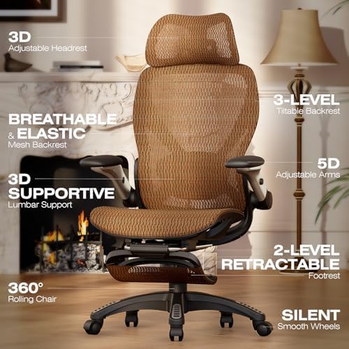 ELABEST X100 Ergonomic Mesh Office Chair with Footrest, Big and Tall Home Desk Chair with 5D Flip-Up Arms, Adjustable 3D Lumbar Support, Gaming & Executive Computer Chair (Tangerine Burst) - Image 3