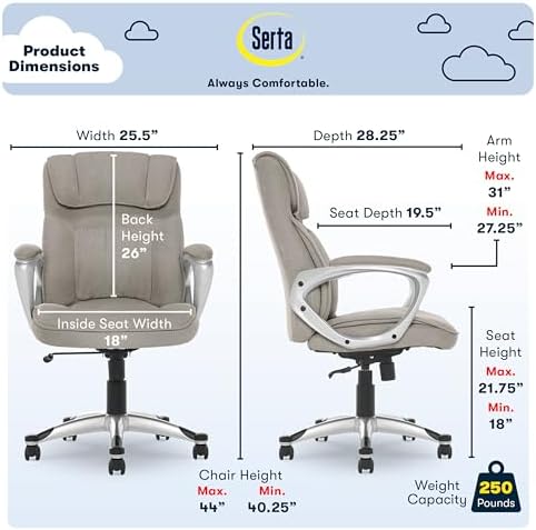 Serta Hannah Executive Home Office Desk Chair, Ergonomic Mid-Back with Lumbar Support, Firm Seat Cushion, Layered Body Pillows, Padded Armrests, Swivel Base, Easy Assembly, Microfiber, Gray/Silver - Image 3