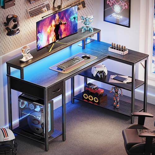 SUPERJARE 47 inch Reversible L Shaped Desk with LED Lights & Power Outlets, Computer Desk with Shelves & Monitor Stand, Gaming Desk with Drawer, Home Office Desk Corner Desk, Grey - Image 2