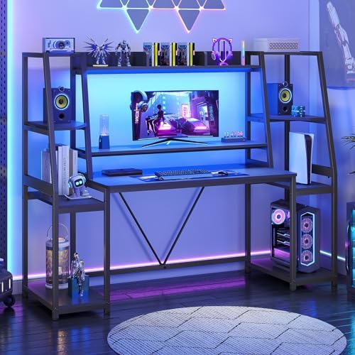 SEDETA 65.7'' Gaming Desk with LED Lights, Hutch and Storage Shelves, Black by SEDETA