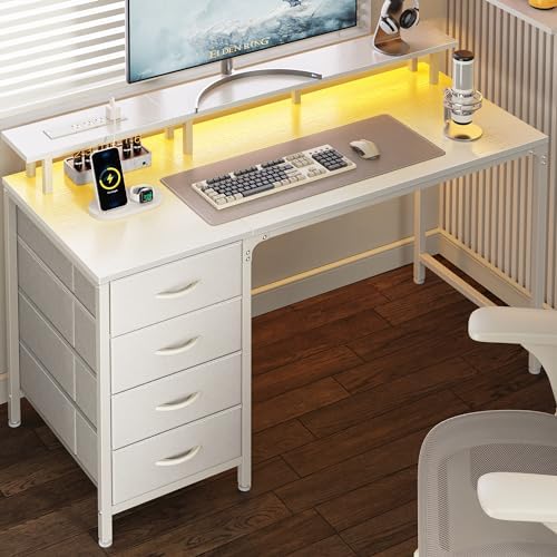 Huuger 47 Inch Computer Desk with Power Outlets and LED Lights, Gaming Desk with 4 Drawers, Office Desk with Monitor Stand, Study Work Home Office, Small Spaces, White by Huuger