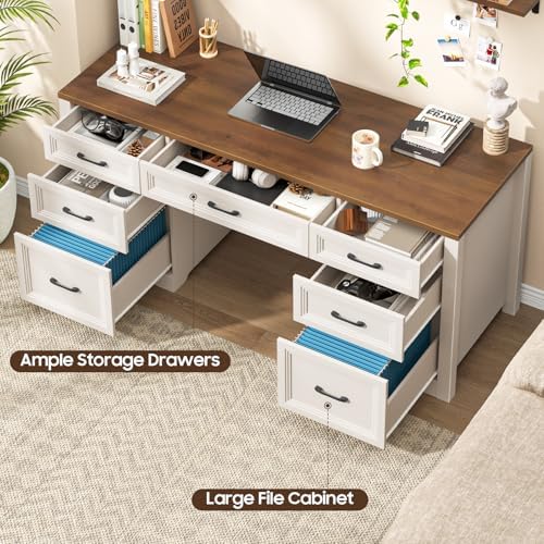 Vabches Farmhouse Executive Desk, Wood Home Office Desk with 2 Large File Drawers and 5 Storage Cabinets, Rustic Writing Desk for Work and Study, Brown - Image 5