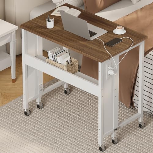 CHOEZON Folding Desk with Power Outlets, 31.5" Rolling Computer Table with Wheels, Portable Office Desk with Storage Shelf for Small Spaces Rustic Brown and White TDN01UWL - Image 4