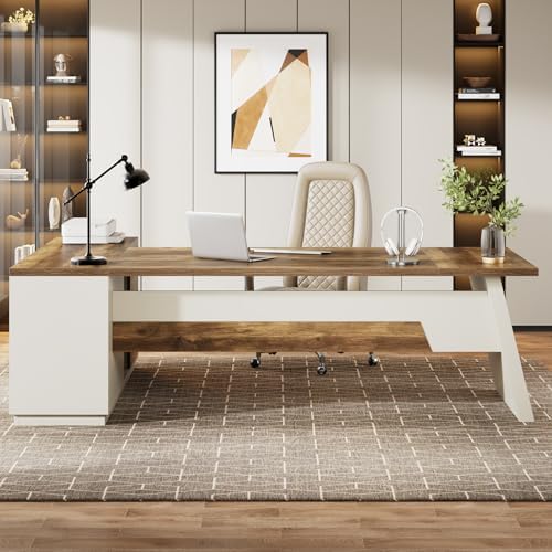 Tribesigns 78" L-Shaped Executive Desk, Large Modern Office Desk with Drawers and Lateral File Cabinet, Business Furniture with Storage Shelves, Big Computer Desk for Home Office (Brown + White) - Image 4