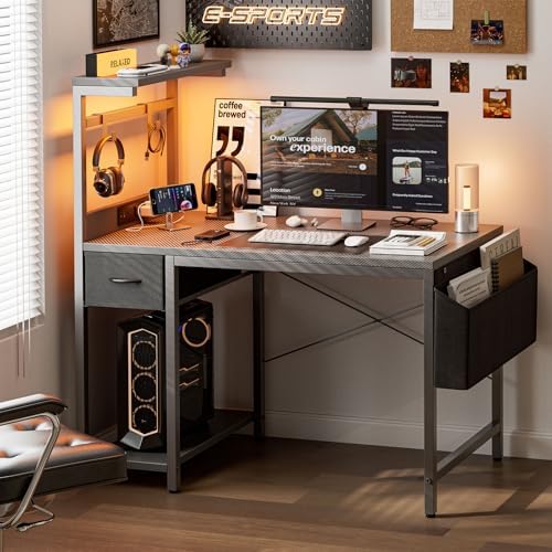 Grandder Gaming Desk 55 Inch with Power Outlet and LED Light, Computer Desk with Reversible Shelves and Storage Drawer, Pc Small Desk for Home Office Table with Bag, Carbon Fiber Grey - Image 2
