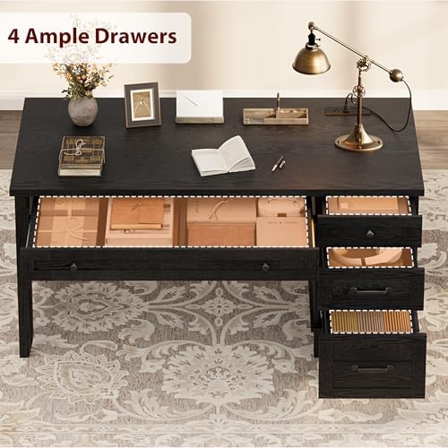53.54" Executive Desk with Drawers, Farmhouse Home Office Desk with Charging Station & File Cabinet, 4 Storage Drawers Wooden Computer Desk with Power Outlet for Work Study Writing, Black - Image 5