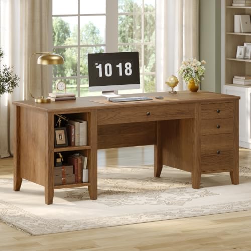SEDETA Solid Pine Wood Computer Desk, 58'' Executive Home Office Desk with 4 Wood Drawers and Storage Shelves for Work Study Writing, Brown by SEDETA