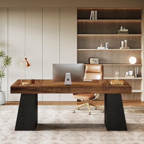 Tribesigns 55-Inch Executive Desk, Large Wood Office Computer Desk with Double Pedestal, Modern Minimalist Workstations Writing Table Conference Table Furniture for Home Office, Walnut&Black - Image 2
