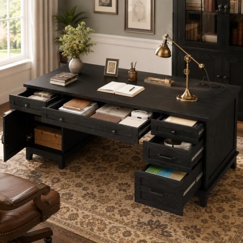 60" Farmhouse Executive Desk with File Drawers, Rustic Black by SLEKVERSA