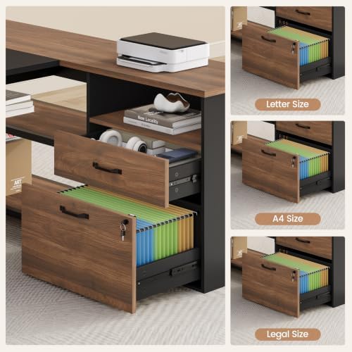 71" L Shaped Corner Home Office Desk, Large Executive Computer Desk with Lockable File Cabinet, 2 Drawers, Storage Cabinet, Power Outlets, CPU Stand, Storage Shelves & Modesty Panel, Walnut - Image 4