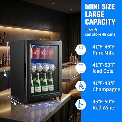 48 Can Mini Fridge, 1.7 Cu.Ft Drink Beverage Cooler with Digital Temperature Control & Glass Door, Countertop Small Beer Soda Wine Refrigerator for Office Bar Dorm Bedroom - Image 2