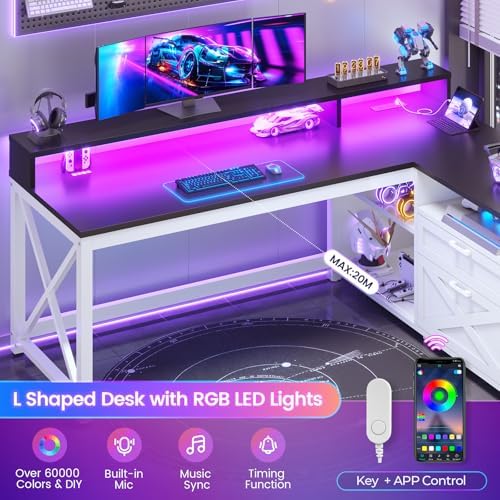 SEDETA Corner Computer Desk, 55" L Shaped Gaming Desk with Storage Drawers and Power Outlet, Farmhouse Corner Gaming Desk with Storage Shelves and LED Lights for Home Office, Black - Image 5