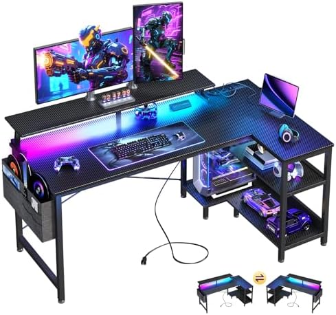 ODK 48 Inch L Shaped Gaming Desk with LED Lights, Power Outlets, Black by ODK