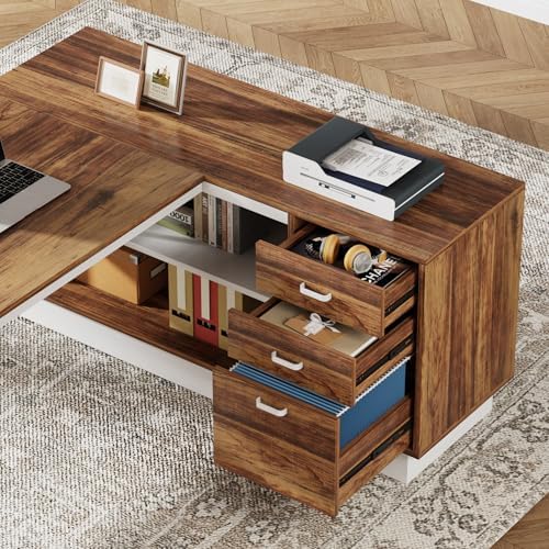 Tribesigns 71-Inch Executive Desk, L-Shaped Desk with Cabinet, Large Office Desk with Drawers and Storage Shelves, Writing Table Computer Desk for Home Office, Brown and White - Image 6