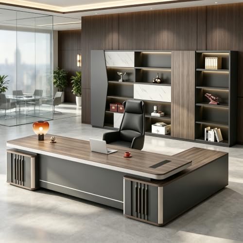 Modern L Shaped Executive Desk with Drawers & Storage, Executive Office Desk Computer Table with Aluminum Alloy Inlaid Curved Surface, Management Workstation for Home or Office(E-Left, L2.8M/110IN) by Unknown