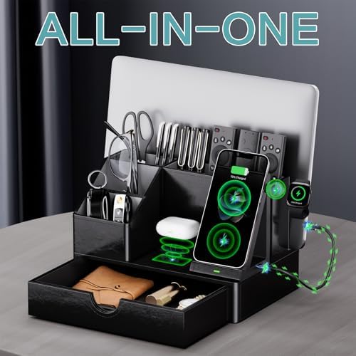 Black PU Leather Multi-Device Charging Station with Drawer - 6-in-1 Desktop Organizer for Phone, iPad, Tablet, Laptop, Watch, Headphones - Electronics Docking Hub & Storage Box for Office Home (Black) - Image 4