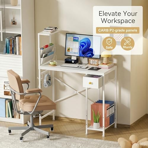 Jakyitvi 33.7" Computer Desk with Power Outlets, LED Lights & Drawer, Small Office Desk with Storage Bag & Hooks, Gaming Desk for Bedrooms or Home Office, Compact Study Desk for Small Spaces，White - Image 4