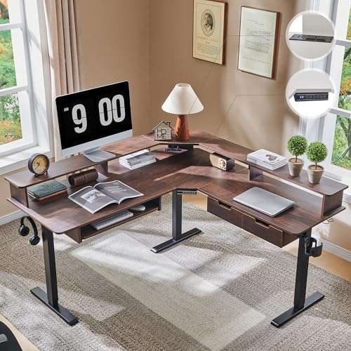 RedLemon 60 Inches L Shaped Electric Standing Desk 2 Tier, Dark Walnut by REDLEMON