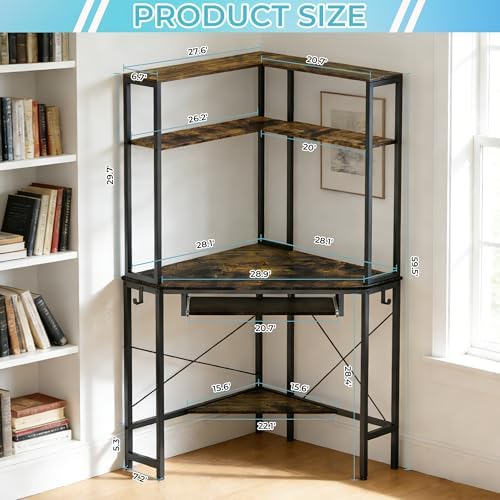Corner Desk with Hutch and LED Light, Keyboard Tray, Rustic Brown - Image 2