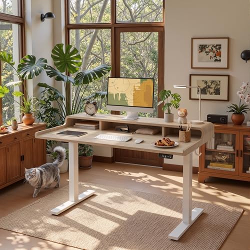 TIQLAB 47 * 24 inch Standing Desk with Curved Top Shelf, Maple - Image 2