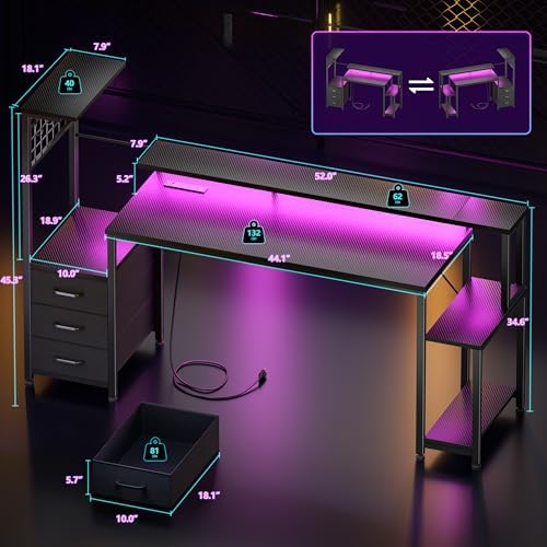 Korfile 63 Inch Gaming Desk with Bluetooth LED Lights & Power Outlets,Computer Desk with Fabric Drawers & Hooks,Reversible Gamer Table with Monitor Stand for Game Room,Home Office,Carbon Fiber Black - Image 3