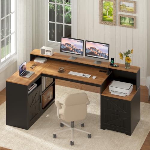 65" Farmhouse Computer Desk with Drawers and Printer Stand for Home Office - Image 3