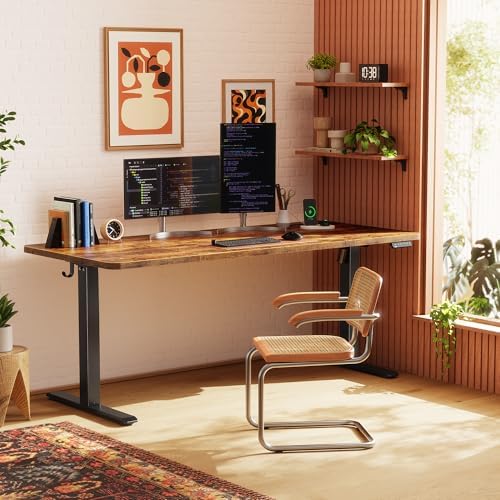 Huuger 63 X 24 Inch Electric Standing Desk with Power Outlets and USB-C Port, Height Adjustable Desk, Sit Stand Desk for Home Office, Computer & Gaming Desk, Stable Steel Frame, Rustic Brown - Image 2
