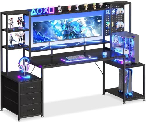 AODK 76 Inch Gaming Desk with Storage Shelves, LED Lights, 3 Drawers by AODK
