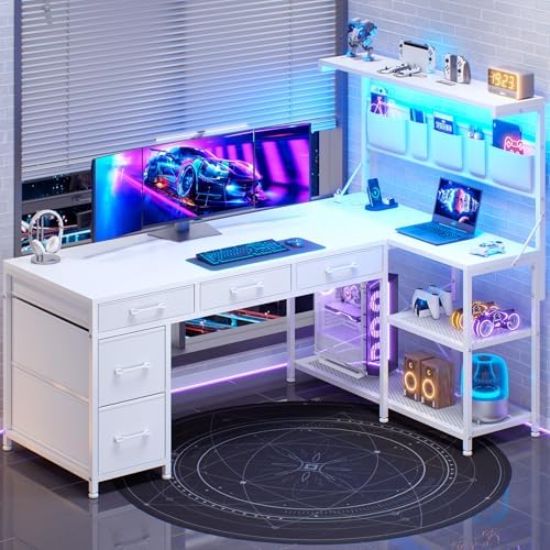 SEDETA Corner Computer Desk, Reversible L Shaped Computer Desk with Fabric Drawers and Power Outlet, 47.2” Gaming Desk with LED Lights, Storage Shelves and Hutch, White by SEDETA