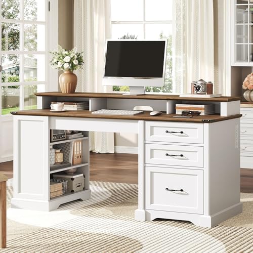 RALGEND 55'' Farmhouse Desk with Drawers, Office Desk with File Cabinet by RALGEND