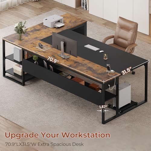 UPOSOJA 71" Executive Desk, L Shaped Office Desk with Widen File Drawers - Image 4
