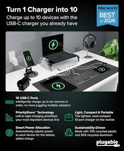 Plugable 10 Port USB C Charging Station, Up to 100W Charger for Multiple Devices with Priority Charging, Desktop Power Hub for USBC Devices Including Laptops Phones Tablets Earbuds and More (PS-10CC) - Image 2
