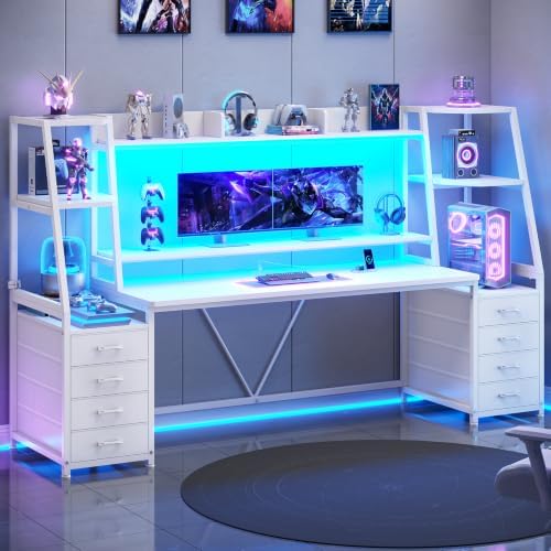 SEDETA Gaming Desk with LED Lights, 8 Drawers and Storage Shelves, White by SEDETA