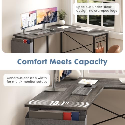 DUMOS L Shaped Computer Corner Desk with PC Stand, Grey - Image 5