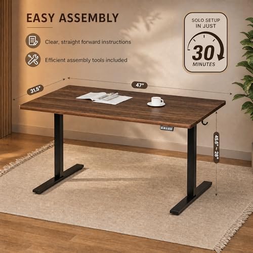 Grandder 47x32 Large Electric Standing Desk, Height Adjustable Computer Desk with 2 Memory Presets, 31.5" Deep Desktop Sit Stand Desk Home Office Desk Workstation Table with Hooks, Walnut - Image 6