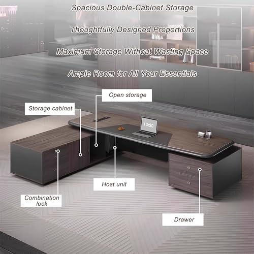 Modern L Shaped Executive Desk with Drawers & Storage, Executive Office Desk Computer Table with Aluminum Alloy Inlaid Curved Surface, Management Workstation for Home or Office(G-Left, L2.2M/86IN) - Image 7