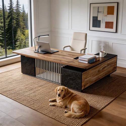 Executive Desk with Privacy Panel, Large Office Desk for Small Business, Computer Desk with Drawers & Storage Cabinets, Thick One-Piece Tabletop (Left Return, 70.86") by ONNAHOMEStlyle