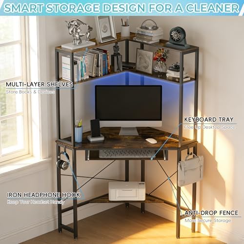 Corner Desk with Hutch and LED Light, Keyboard Tray, Rustic Brown - Image 5