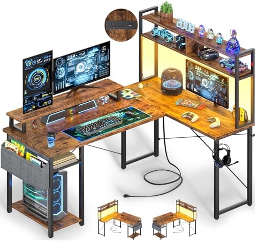 Besiost 48" Small L Shaped Desk Gaming Desk with Power Outlets & Led Lights by Besiost