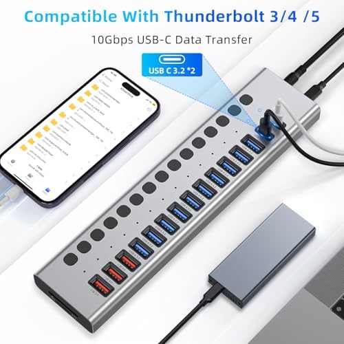 VANGREE Powered USB Hub 10Gbps, 17 Ports USB 3.2 Hub, 96W Power Adapter - Image 7