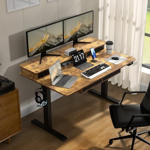 55 * 30 Inches Electric Standing Widened Desk Adjustable Height with 4 Drawers, Double Storage Shelves Stand Up Desk, Home Office Workstation Sit Stand up Desk (Rustic Brown) - Image 2