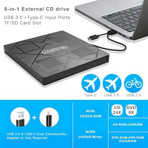 5-in-1 Extemal CD/DVD Drive for Laptop,USB 3.0 & Type-C Portable CD/DvD Rw Burner with SD/TF Card Reader &DVD-ROM Rewritable Player，Compatible with Laptop Pc Desktop, Windows11/10/8/7 Linux Mac os - Image 3