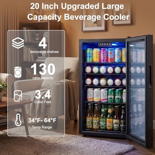 20 Inch Beverage Refrigerator, Mini Fridge with Glass Door for Soda Beer–130 Can Small Fridge for Home Office Bar, 3.4 Cu.Ft Drink Cooler with Reversible Door, Digital Temperature Control,Black - Image 2