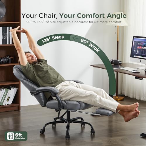 amseatec Big and Tall Office Chair with Footrest, Lumbar Support, Grey - Image 3