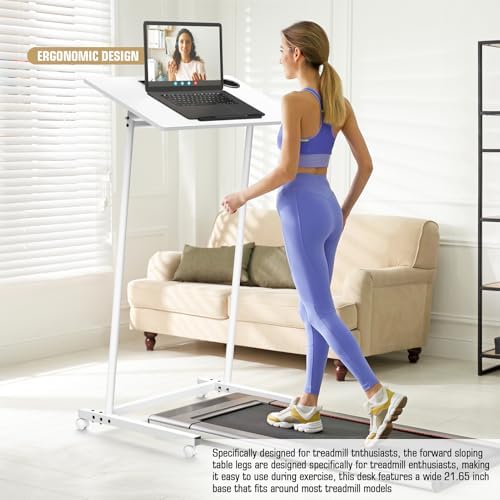 Eocnrhe Treadmill Desk, Mobile Small Standing Desk with Wheels for Walking Pad, Portable Table for Laptop, Rolling Table Adjustable Height, Bedside Table，White - Image 5