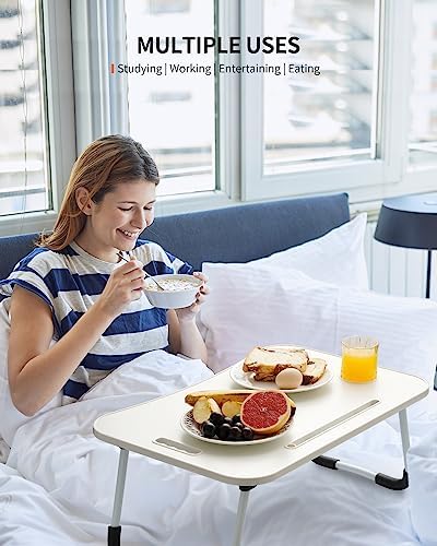 FISYOD Foldable Laptop Table, Portable Lap Desk Bed Table Tray, Laptop Stand with Cup Holder & Tablet Slot & Lifting Handle for Working Writing Drawing & Eating (White) - Image 2