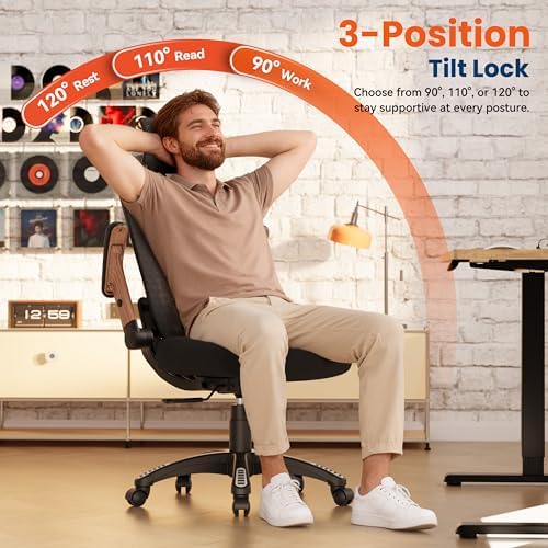 GABRYLLY Ergonomic Office Chair, High Back Home Desk Chair with Flip-Up Arms, 3D Headrest, 90-120° Tilt and Wide Cushion Seat, Big and Tall Computer Chairs for Man Woman, Mesh Chair Black Woodgrain - Image 6