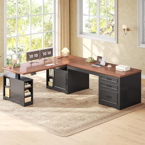 SEDETA Farmhouse L Shaped Standing Desk with Storage, Black+Brown - Image 3