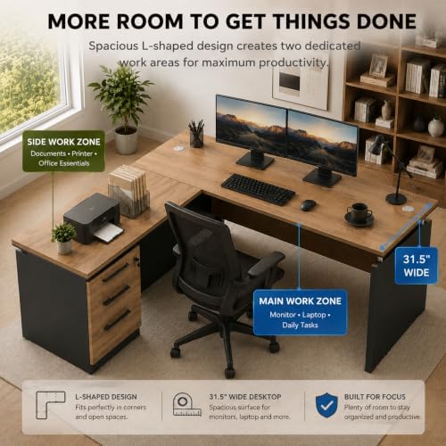 63 Inch L-Shaped Executive Desk, Industrial Modern Wood Office Desk with Locking Drawers, Built-in Cable Management & Power Outlet, Real Wood Finish, Reversible Left/Right Return Home Workstation - Image 3
