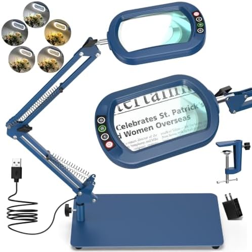 Drdefi 12X Square Magnifying Glass with Light and Stand, Real Glass LED Lighted Magnifier, 5 Color Modes Stepless Dimmable, Hands-Free Mag Desk Lamp with Clamp for Reading Craft Hobby Close Work Blue by Drdefi